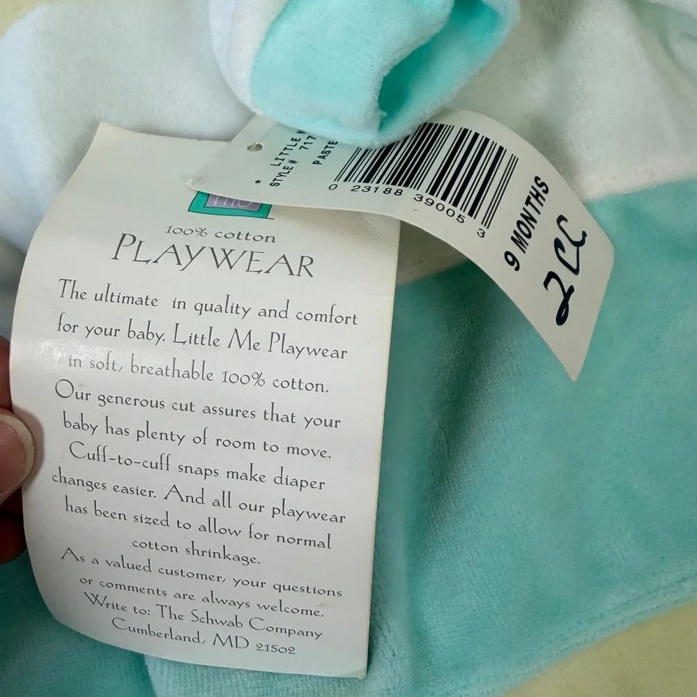 VTG NWT Adorable Unisex Baby 9 mos Little Me‎ Mint Teal Pastel Velour Playwear